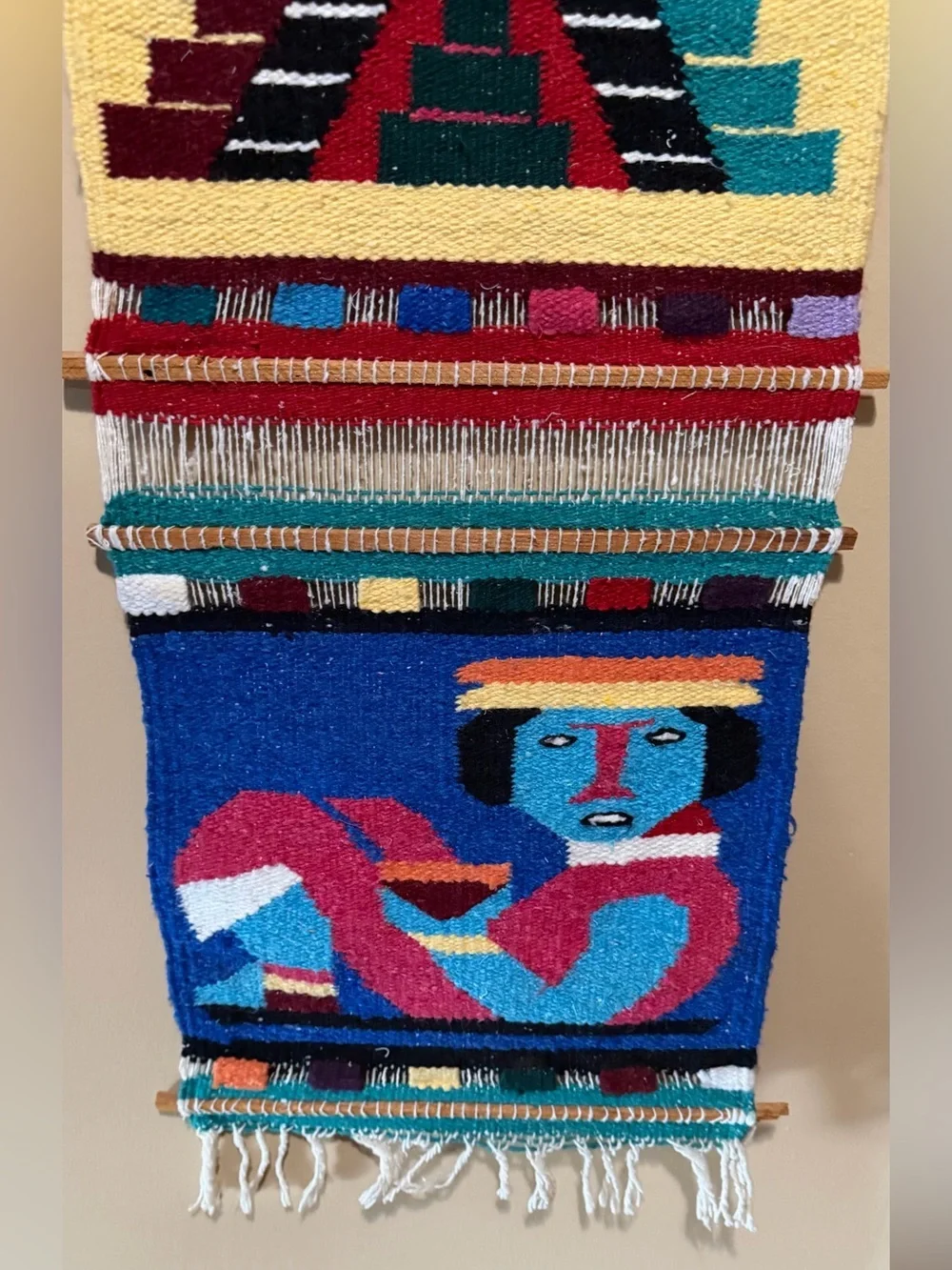 Vintage Mayan Aztec Tapestry Wall Hanging Handwoven Wool Boho Folk Art